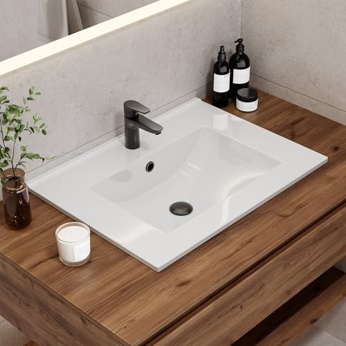 HOROW Lavabo da incasso rettangolare, in ceramica, larghezza 60 cm, colore bianco, con troppopieno, ideale per ospiti WC e piccoli bagni