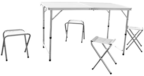 Klappbarer Campingtisch 120x60x70 cm – inklusive 4 Hocker, leicht und kompakt.