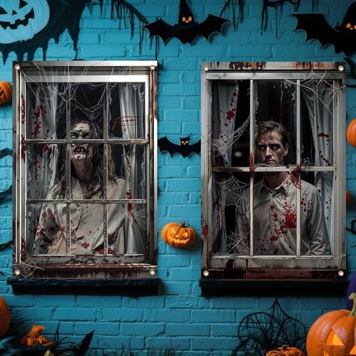 Shyllin Halloween Decoración de Silueta de Ventana, Pancarta de Halloween Adornos para Ventana Puerta Casa Embrujada,Cortina Fantasma Espeluznante Cubierta Ventan.a Horror 120x80cm (Zombi sangriento)