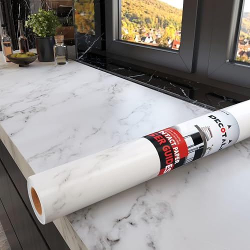 Decotalk Carta da Parati Adesiva Per Mobili Bianca Grigio 40X300cm Pellicola Adesiva Per Mobili Bianco Carta da Parati Rimovibile Decorativa Per Cucina Armadio Rivestimento Adesivo Impermeabile