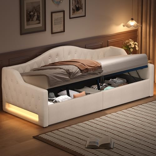 Lcoho Gepolstertes 90x200 Tagesbett mit LED-Gürtel und Stauraum darunter, Beige