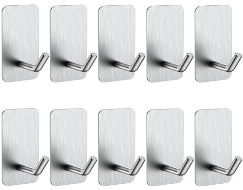 Teouuas 10 Pezzi Ganci Adesivi, Non è Richiesta Alcuna Perforazione Gancio Adesivo Acciaio Inox, Impermeabile e Durevole Ganci Bagno, per Cucina, Bagno, Soggiorno