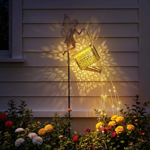 Warmiehomy Solarleuchten Außen Garten Ornamente, Fee Gießkanne Lichter mit Warme LED String, Retro Metall Design, Wasserdichte Pfahl Lichter für Gartendekorationen, Terrasse, Rasen, Weg