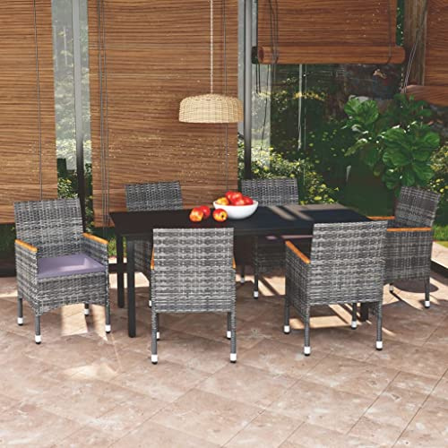Qnhdfrt Tavolo da pranzo da giardino 6 sedie con tappezzeria, grigio PE rattan tavolo da pranzo in vetro 190 x 90 cm per terrazza giardino balcone