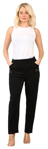 Womens Full Length Cherry Berry Corduroy Trouser, Ladies Plain Casual Straight Leg Ribbed Cord Pants with Side Pockets (Black, 14)