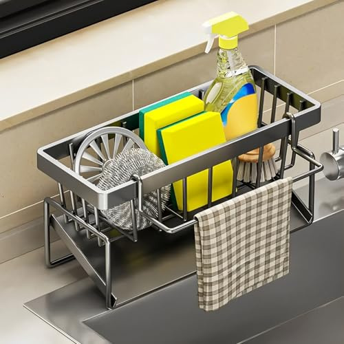 Yeqqzq Kitchen Sink Caddy Organiser, Sink Tidy Organizer, Storage Rack with Self Draining Tray, Dishcloth Hanger, Washing up Utensil Caddy, Kitchen Soap Holder (Grey)