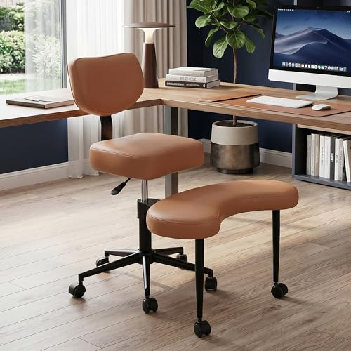 Meditationsstuhl, Ergonomics Crosses Legged Chair with Wheels, Kniestuhl Mit Lendenwirbelstütze Und Verstellbarem Neigungswinkel for Home and Offices, 47–59cm einstellbare Höhe (braun)