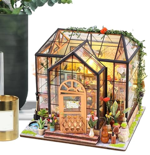 Kit De Casa En Miniatura | Maqueta De Casa con Muebles Y Pegamento | Invernadero De Madera Artesanal para Proyectos Manuales Y Decoración para El Hogar