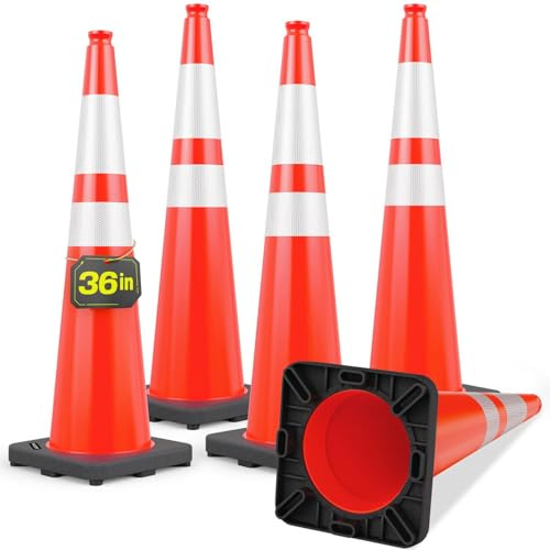 (5Pack) BATTIFE 36 Inch Traffic Safety Cones with Black Heavy Duty Stable Base, Orange PVC Hazard Cone, Reflective Collars, Construction Events, Parking Lot, Road and Driveway Control, Drive Training