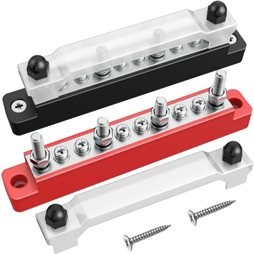 Gorffy 2PCS Bus Bar Terminal Block, 150A Bus Bar 12V with Cover, 4 x 1/4 (M6) 6 x #8 (M4) Studs Busbar Distribution Board Terminal Blocks, Battery Distribution Terminals for Solar System Ships Yachts