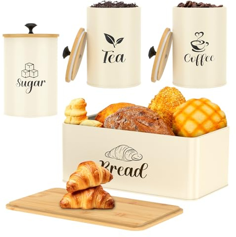 4Pcs Kitchen Canister Set,Bread Bin Tea Coffee Sugar Storage Tins,Metal Storage Jars with Airtight Bamboo Lids,Round Canisters Set Rectangle Biscuit Container for Kitchen Counter Organization(Beige)