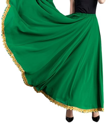 Jupe longue de danse en mousseline de soie à taille élastique avec grande balançoire pour femme avec bordure en dentelle à paillettes pour danse sur scène Jupe longue, Vert Fruit, XL