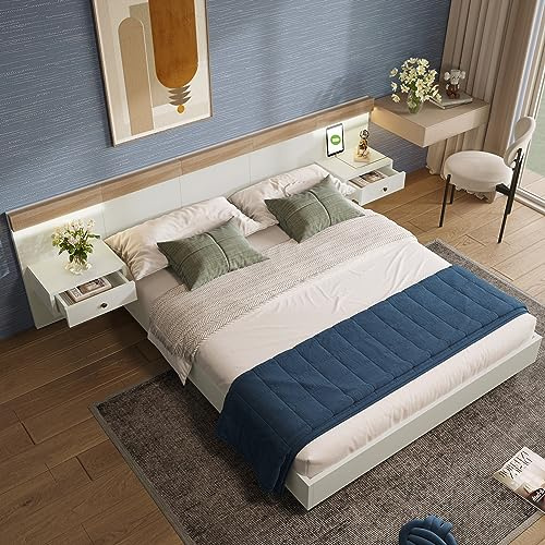 HMHKHN Doppelbett Bettanlage 140 x 200 cm, Holzbett mit 2 LED Nachtkommoden& USB C Steckdose, Kopfteil mit Leselicht, Schlafzimmer Komplett, Set in Eiche Sonoma, Ohne Matratze(Weiß-2)