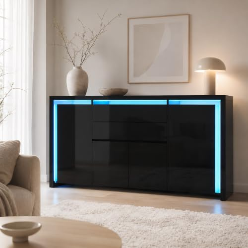 Kommode Schwarz Hochglanz Mit LED Beleuchtung, Modernes Sideboard Mit 2 Schubladen Und 4 Schränken, Flurschrank Buffetschrank TV Schrank Wohnzimmerschrank Für Wohnzimmer, Schlafzimmer, Büros, Flur