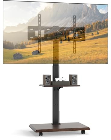 COSTWAY Mobile TV Stand on Wheels for 32-75 Inch TVs, 60° Swivel Height Adjustable TV Cart with 2 Tier Shelves & Lockable Wheels, Rolling TV Stand Holds Up to 50KG, Max VESA 600x400mm (Walnut+Black)