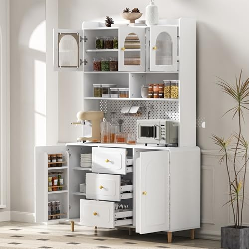 Gxffipw Küchenschrank Buffetschrank Höhe 190 cm mit Lochbrett und Stauraum, Hochschrank Vorratsschrank mit Türe und Schublade, Küchenschränke Highboard mit Arbeitsplatte, Küchenmöbel, Schrank Weiß