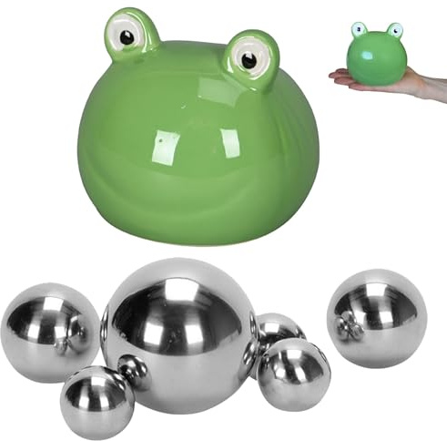 Schwimmfrosch Deko Set mit 6 Edelstahlkugeln - Keramik Frosch für Miniteich Zinkwanne Weinfass - Gartenfigur Schwimmend Grün Glasiert - Schwimmkugeln Silber - 7-teiliges Garten-Deko Set
