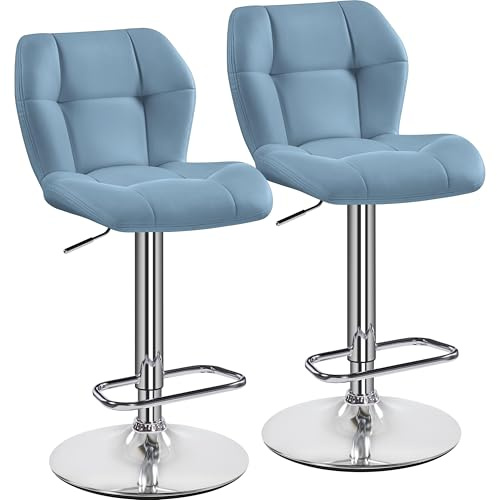 Yaheetech Bar Stools Set of 2, PU Leather Breakfast Bar Chairs, Swivel Height Adjustable Barstools, Counter Stools with Backrest for Home Kitchen Bar Restaurant, Blue | 360° swivel, Shell-shaped Backrest Leather Breakfast Bar Chairs Fits Multiple Heights, for Home Kitchen, Dining, Restaurant