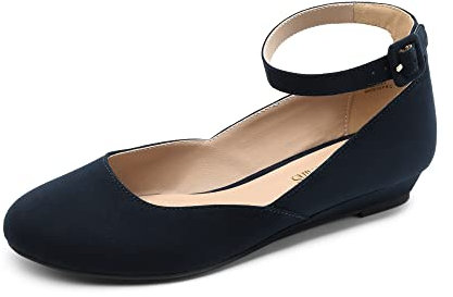 DREAM PAIRS Women's Ballet Flats Pumps Ballerina Ankle Strap Elastic Low Wedge Sandals Round Toe Comfy Dolly Shoes,Size 8,Navy/Suede,REVONA
