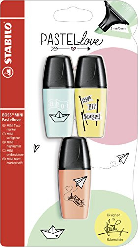 STABILO - Textmarker - BOSS MINI Pastellove | 3er Pack, zartes Türkis, pudriges Gelb, cremige Pfirsichfarbe