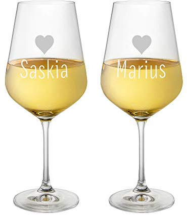 AMAVEL Set 2 Calici Vino Bianco in Vetro, Incisione Personalizzata con Nomi e Cuori, Idea Regalo per Coppie
