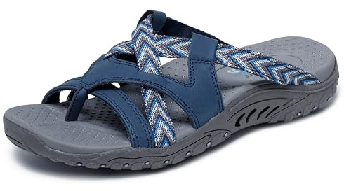 Skechers Women's Reggae-SOUNDPROOF-Thong Slide Multi-Strap Sandal, Navy, 8 M US