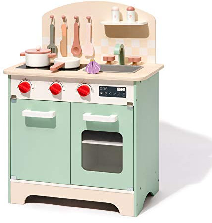 ROBUD Spielzeug Kinderküche, Holz Spielküchen Zubehör mit Schneiden Gemüse Lebensmittel, Backenofen, Kinder Küche für Kinder & Kleinkinder ab 3 Jahren|Grün