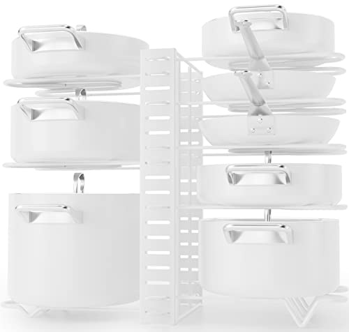 G-TING 8 Tier Pot Rack for Kitchen Organization, Adjustable Pot and Pan Lid Stands, 3 Installation Methods (White)