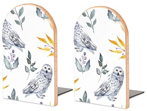 Packung Mit 2 Buchstützen Weißes Eulen-Gelb-Blatt Rutschfester Bücherständer Aus Holz Bücherregal Bücherhalter Für Home Desk Office Library