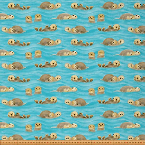 Loussiesd Otter Stoff von The Yard Süß Karikatur Wild Tier Polsterstoff für Stühle Wildlife Dekostoff für Polster und Heimwerkerprojekte Blaugrün Brown 92x150cm