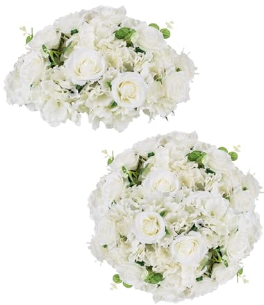 BLOSMON Fake Flower Balls Centerpieces: 2 Pcs 15.7 Large White Rose Hydrangea Artificial Flowers Arrangement for Wedding Table - Faux Silk Floral for Party Home Reception Decoration