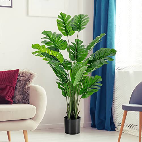 COSTWAY 120cm/152cm Artificial Monstera Plants, 10/15 Different Leaves Faux Monstera Deliciosa Tree with Cement Pot, Fake Swiss Cheese Plant for Indoor Home Decoration (152cm, 1 Pack, Green)