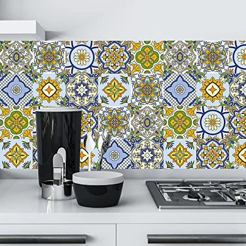 24pcs Moroccan Tile Stickers 15x15cm Yellow Bathroom Tile Stickers for Kitchen Bathroom Living Room Fireplace Stairs Backsplash Home 6x6 Waterproof Stickers for Tile