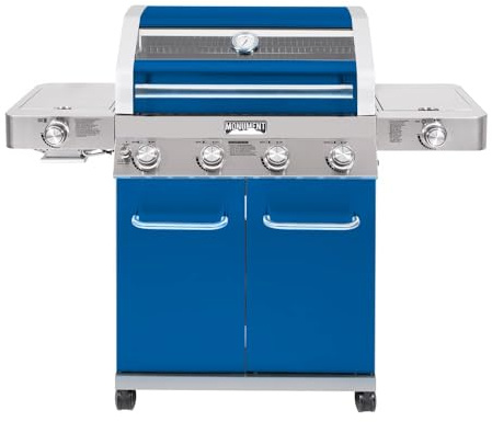 Monument Grills Larger 4+2 Burner Propane Gas Grills Stainless Steel Cabinet Style with Clearview® Lid, Knob Controls, Built-In Thermometer, Infrared Side Sear Burners & Side Burners, Blue