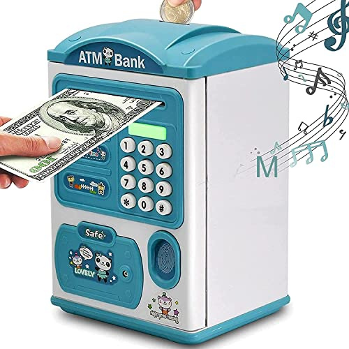 Hucha Infantil Niños,Alcancía con Huellas Dactilares&Bloqueo de Contraseña | Mini Caja Fuerte Electrónica para Cajero Automático Bancos,Juguete de Regalo de Cumpleaños para Niños Niñas3-12 Años (Azul)