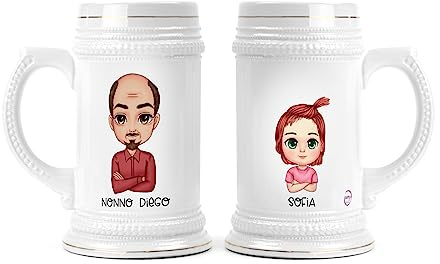 Boccale da Birra in Ceramica Personalizzato Nonno e Nipote | Caricatura Personalizzata, Festa dei Nonni, Ti Voglio Bene Nonno, Regalo Originale