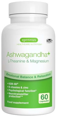 Igennus hochdosierter Ashwagandha Anti-Stress Komplex, L-Theanin & Magnesium & KSM-66 Wurzelextrakt Adaptogene, methylierte B-Vitamine, für Entspannung & Schlaf, Clean Label, 60 vegane Kapseln