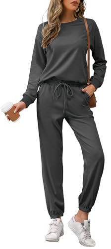 REORIA Damen Tracksuit Langarm Rundhalsausschnitt Einfarbig Zweiteiler Outfit Hoodie Jogger Trainingsanzug Set Sweatshirt & Jogginghose Dunkelgrau S