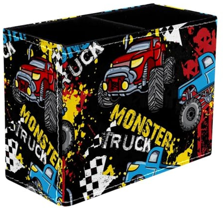 VAPOKF Monster Truck Auto auf Grunge Stifthalter für Schreibtisch, 2 Fächer, Stiftehalter, Make-up-Pinsel, Aufbewahrung, Schreibtisch, Schreibwaren, Organizer für Home Office