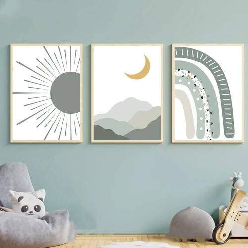 Herfair 3er Set Poster Kinderzimmer, Grün Regenbogen Sonne Bilder, Wandbilder Bilder Boho Babyzimmer Deko Wandposter für Kinder Junge Mädchen, Ohne Rahmen (40x50cm)