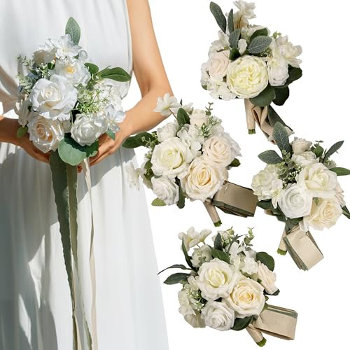 BENCENTRE Blumenstrauß für Brautjungfern, 17,8 cm, Weiß und Salbeigrün, 4 Stück, kleiner Hochzeitsstrauß, für Heiratsantragsparty und Vintage-Hochzeitszeremonie, Jahrestag, künstliche Blumen