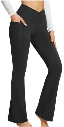 BSLVWG Bootcut Yoga Hose mit Taschen für Frauen Sporthose Hohe Taille Crossover Workout Bootleg Bauchkontrolle Arbeitshose (DE/NL/SE/PL, Bundweite, XL, Große Größen, Regular, Schwarz)