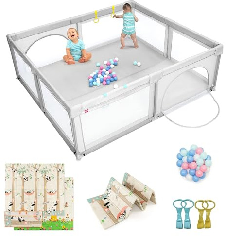 COSTWAY 206 x 186cm Baby Laufstall mit Matratze, Laufgitter mit 50 Spielbällen & atmungsaktivem Netz, Krabbelgitter mit 2 Türen, Laufgitterzelt für Säuglinge Kinder(Grau, Panda Matratze)