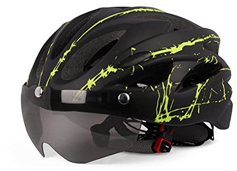 Casco da bicicletta, 58-62 cm, casco da bicicletta, regolabile, casco da bicicletta, con visiera magnetica, per adulti, uomini, donne (verde nero)