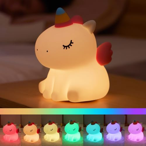 AGEK Unicorn Night Light for Kids, Cute Silicone Nursery Night Light Dimmable LED Squishy Unicorn Lamp Rechargeable Bedside Touch Lamp for Girls Women Breastfeeding Gifts Bedroom Decor