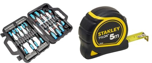 Amazon Basics Coffret tournevis 58 pièces avec embouts plats, cruciformes et Torx, Noir & Stanley 1-30-697 - Mètre Tylon Bi matière 5m X 19mm - Ruban Anti-Corrosion - Blocage Du Ruban