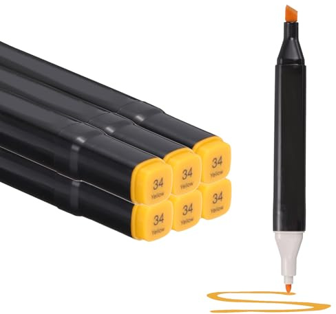 PATIKIL Dual Tip Alcohol Art Markers, 6 Pcs Black Barrel Alcohol Markers with Brush Tip and Fine Tip for Illustration Artist Adult Coloring Drawing Permanent Sketching, Yellow