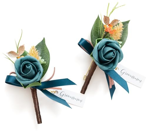 Ling's moment Boutonniere for Men, 2pcs Groom Groomsmen Guest Boutonniere, Artificial Flowers for Wedding/Prom/Homecoming, etc.Dark Teal Burnt Orange