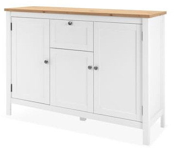 KHG Sideboard 3-türig mit 4 Einlegeboden Landhaus, Eiche, Tür, 40 cm,x90 | Schublade Kommode aus Holzwerkstoff weiß foliert, Deckplatte Holzoptik Asteiche foliert, silberne Metall-Griffe