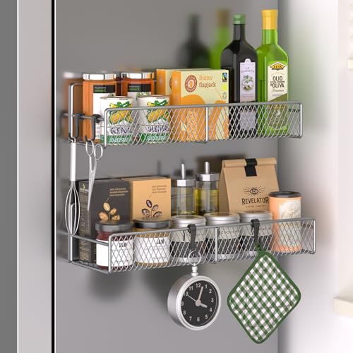 2 Pack Magnetic Spice Rack for Refrigerator, 100% Heavy Duty Metal, Space-Saving Mobile Spice Organizer with Hooks, Kitchen, Home, Laundry Room, Grey